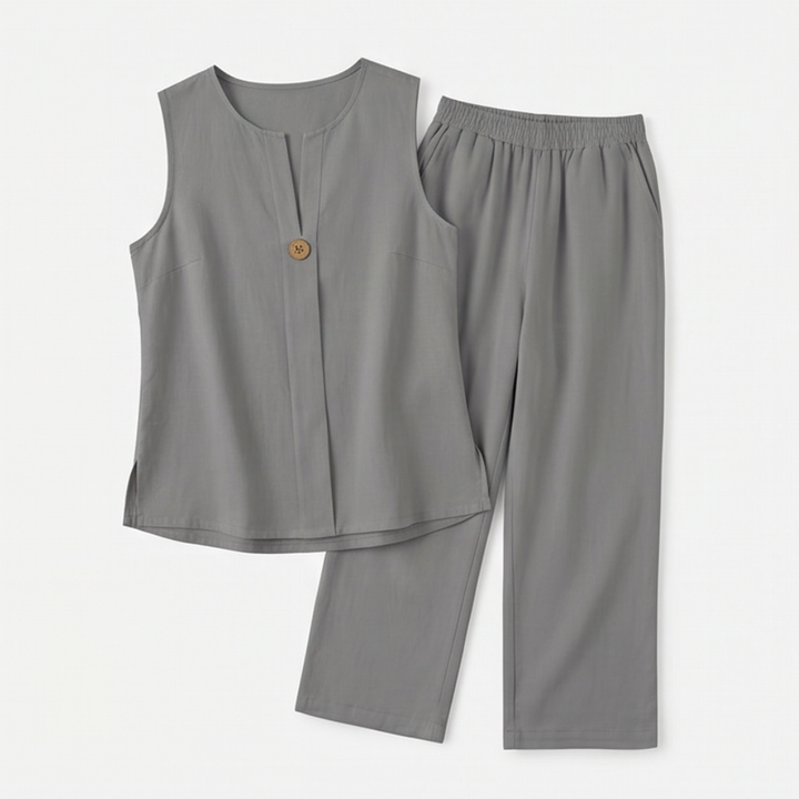 Effortless women's co-ord set: sleeveless top & wide-leg pants. A comfortable, stylish two-piece summer outfit.