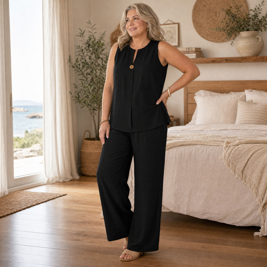 Elegant women's co-ord set: sleeveless top & wide-leg pants. Ideal resort wear or vacation outfit.