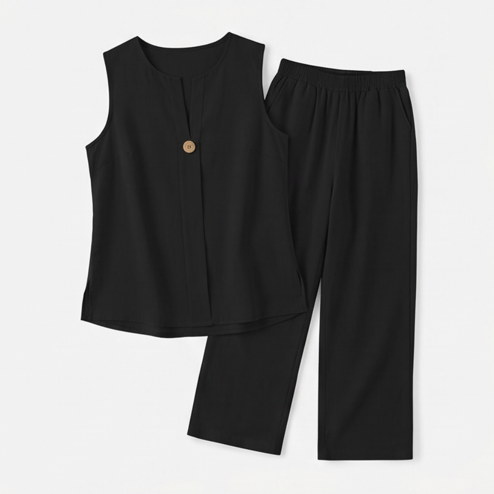 Women's wide-leg pants co-ord set with a sleeveless top. Comfortable, stylish, perfect for spring/summer.