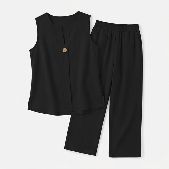 Women's wide-leg pants co-ord set with a sleeveless top. Comfortable, stylish, perfect for spring/summer.