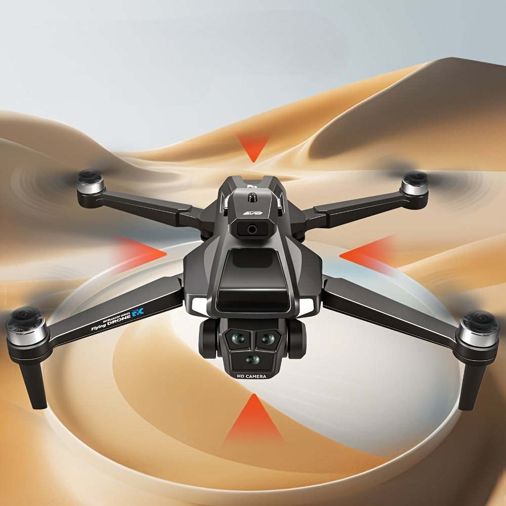 Unfolded folding camera drone, ready for flight. Highlights triple lens camera & obstacle avoidance tech.