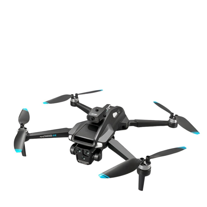 Close-up of triple lens camera on folding drone, with obstacle avoidance sensors for detailed aerial shots.