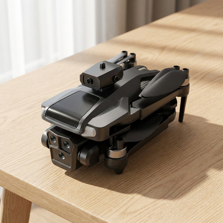 Folding camera drone in flight, showcasing triple lens & obstacle avoidance for professional aerial photography.