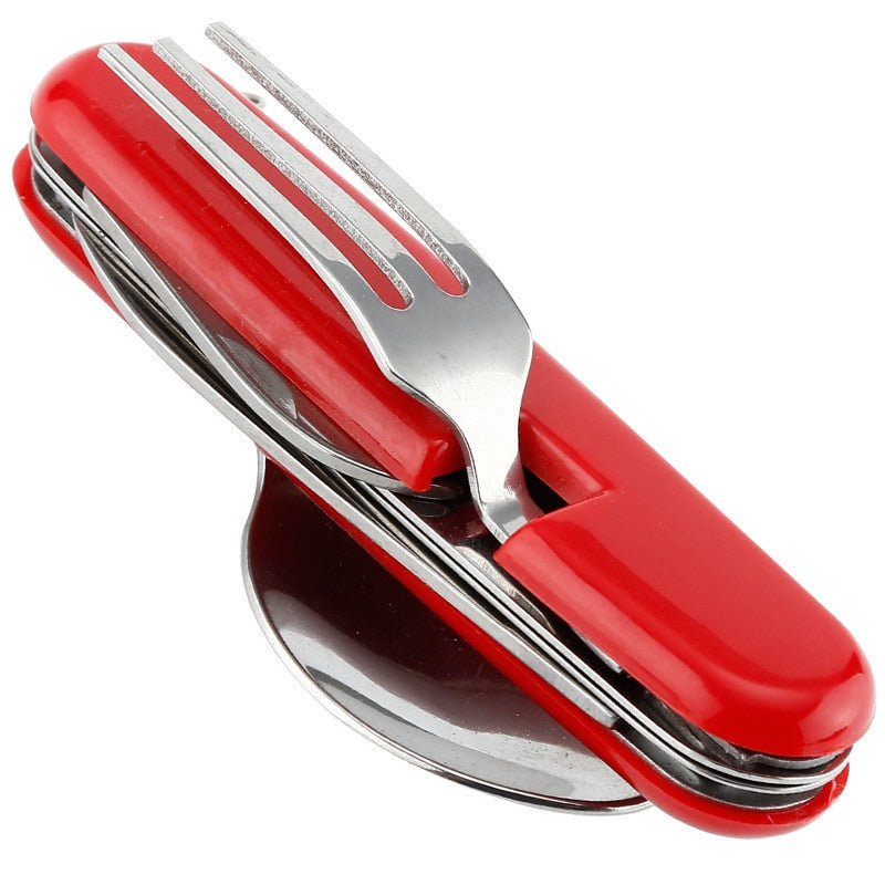 Unisex 4-in-1 portable outdoor cutlery set with fork, spoon, knife & bottle opener for camping & travel.
