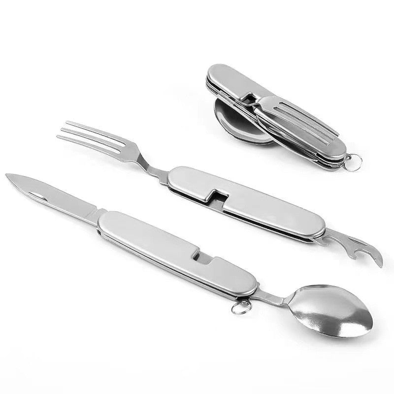 Compact stainless steel camping utensils; a portable fork, spoon, knife, and bottle opener for hikers.