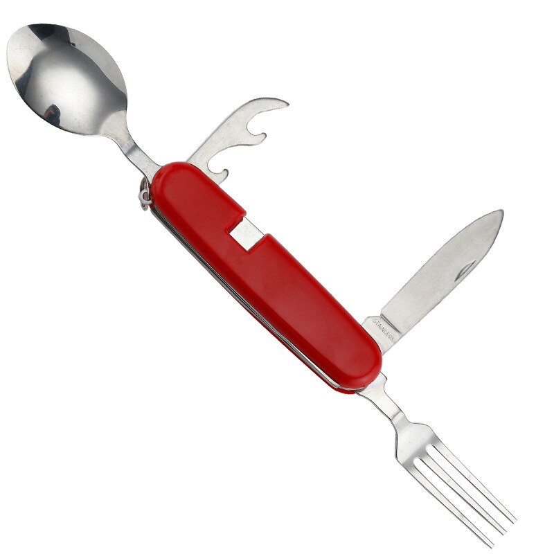 Durable travel flatware set: a multifunctional spoon, fork, knife, and bottle opener for outdoor eating.