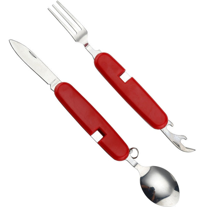 Hiking gear essential: 4-in-1 portable cutlery with spoon, fork, knife & bottle opener for adventurers.