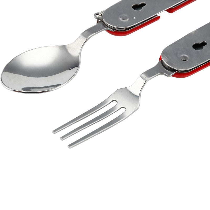 Versatile outdoor eating set, a compact stainless steel fork, spoon, knife for travel & camping adventures.