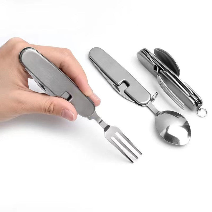 Handy portable fork, spoon, knife set with bottle opener; essential compact eating tools for any trip.