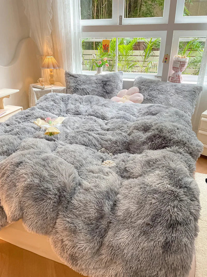 Soft candy-colored plush duvet, warm and inviting, ultimate comfort for modern bedroom decor.
