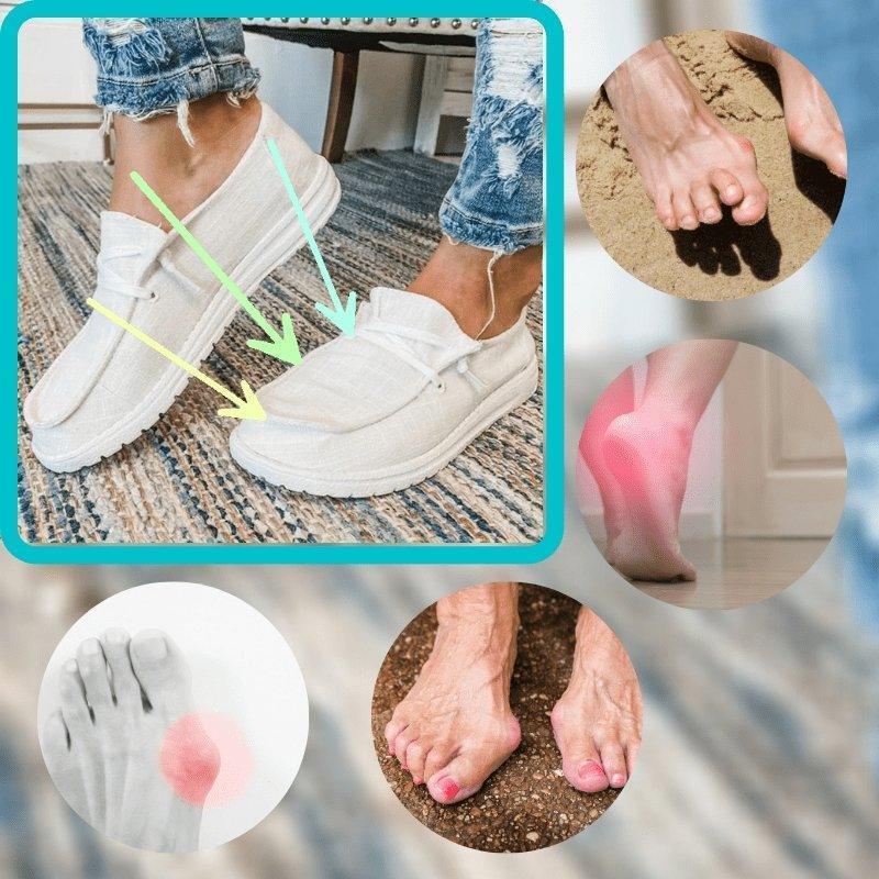 Close-up of women's bunion flats, wide toe box, easy slip-on for everyday relief & comfort.