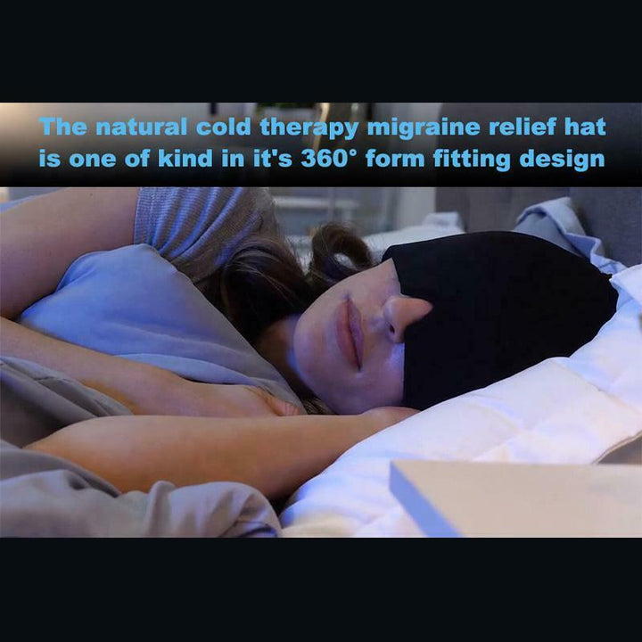 Headache relief cap with cooling gel & heat therapy for soothing migraine symptoms.