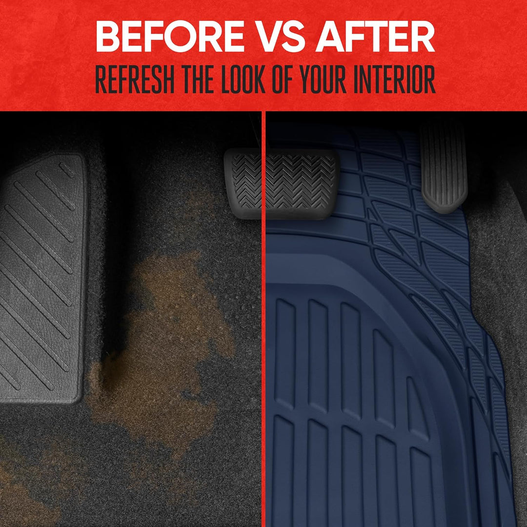 Flexible rubber auto floor liners, all-weather protection for vehicle interiors.