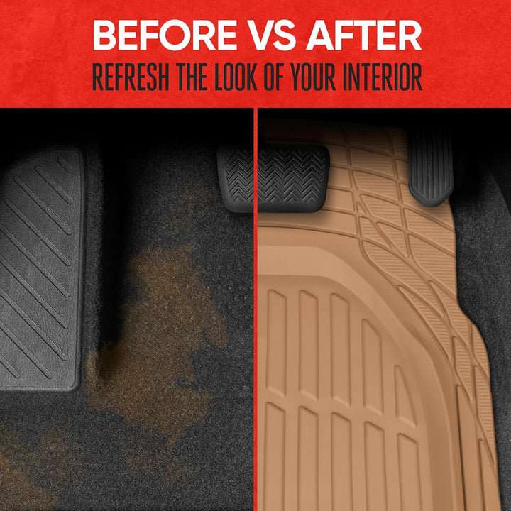 Vehicle interior protection with flexible all-weather universal rubber floor mats.