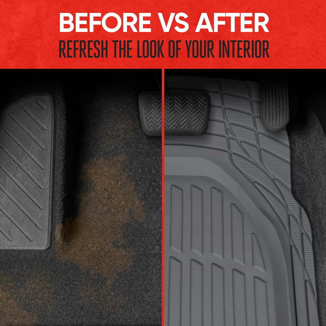 Universal all-weather rubber car mats, durable floor liners for vehicle safety.