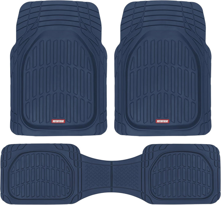 Universal car floor liners, flexible rubber design for all-weather vehicle protection.