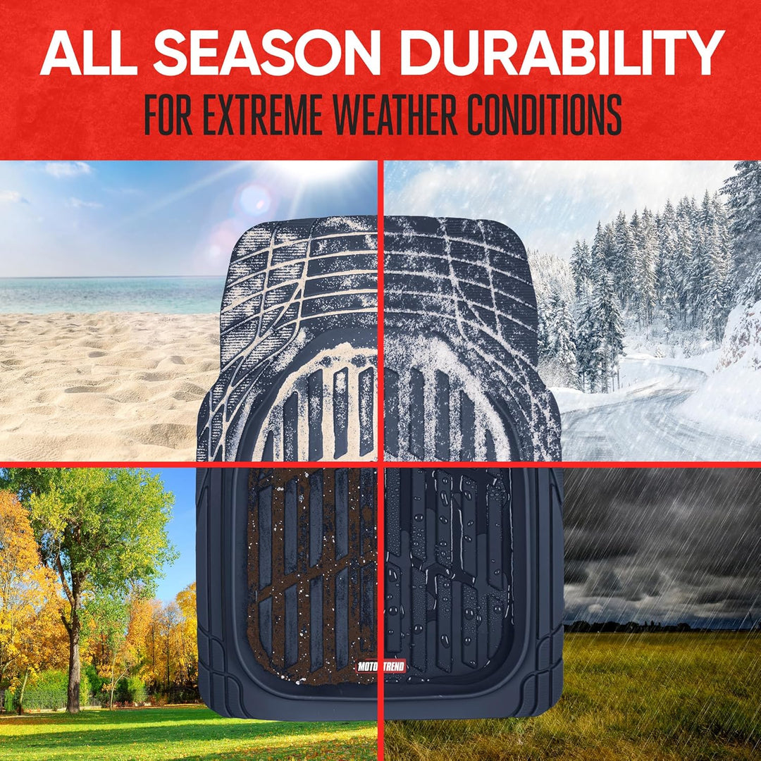 Flexible all-weather rubber car mats, providing superior vehicle interior protection.