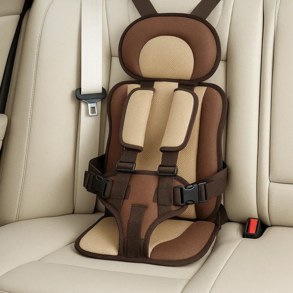 Kids' travel booster seat, compact design for easy portability & universal car compatibility.