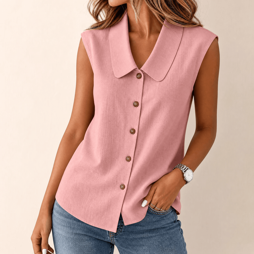 Casual chic sleeveless women's top with classic collar & button-front, effortless style.