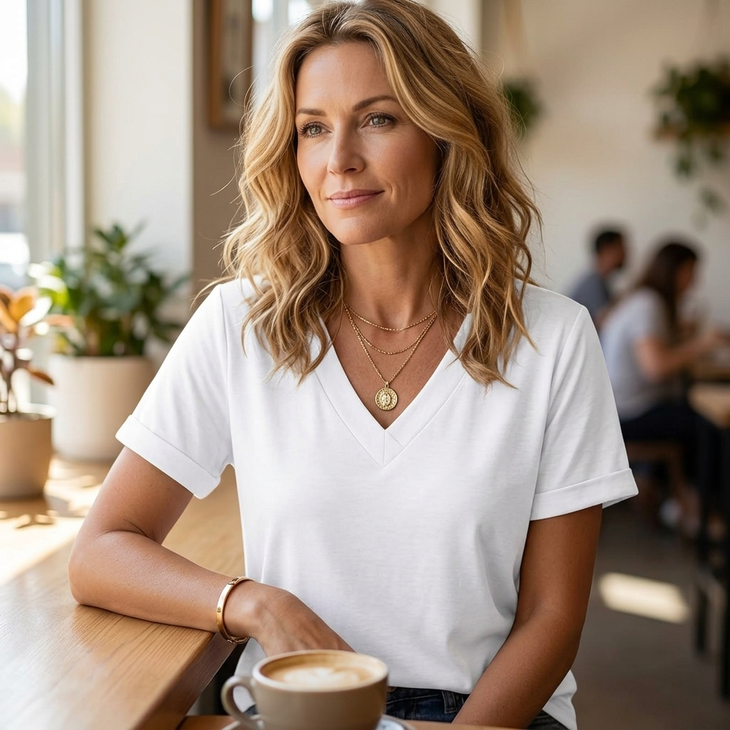 Versatile women's V-neck top with short sleeves & elegant rolled cuff detail.