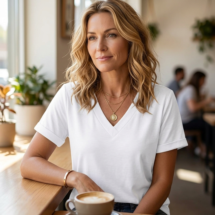 Versatile women's V-neck top with short sleeves & elegant rolled cuff detail.