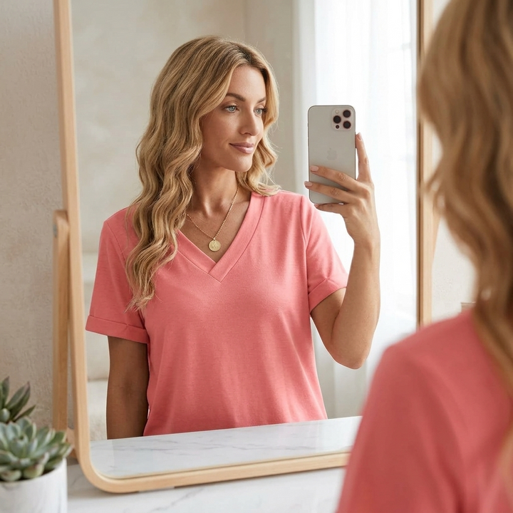 Everyday women's V-neck tee with practical short sleeves and fashionable rolled cuffs.