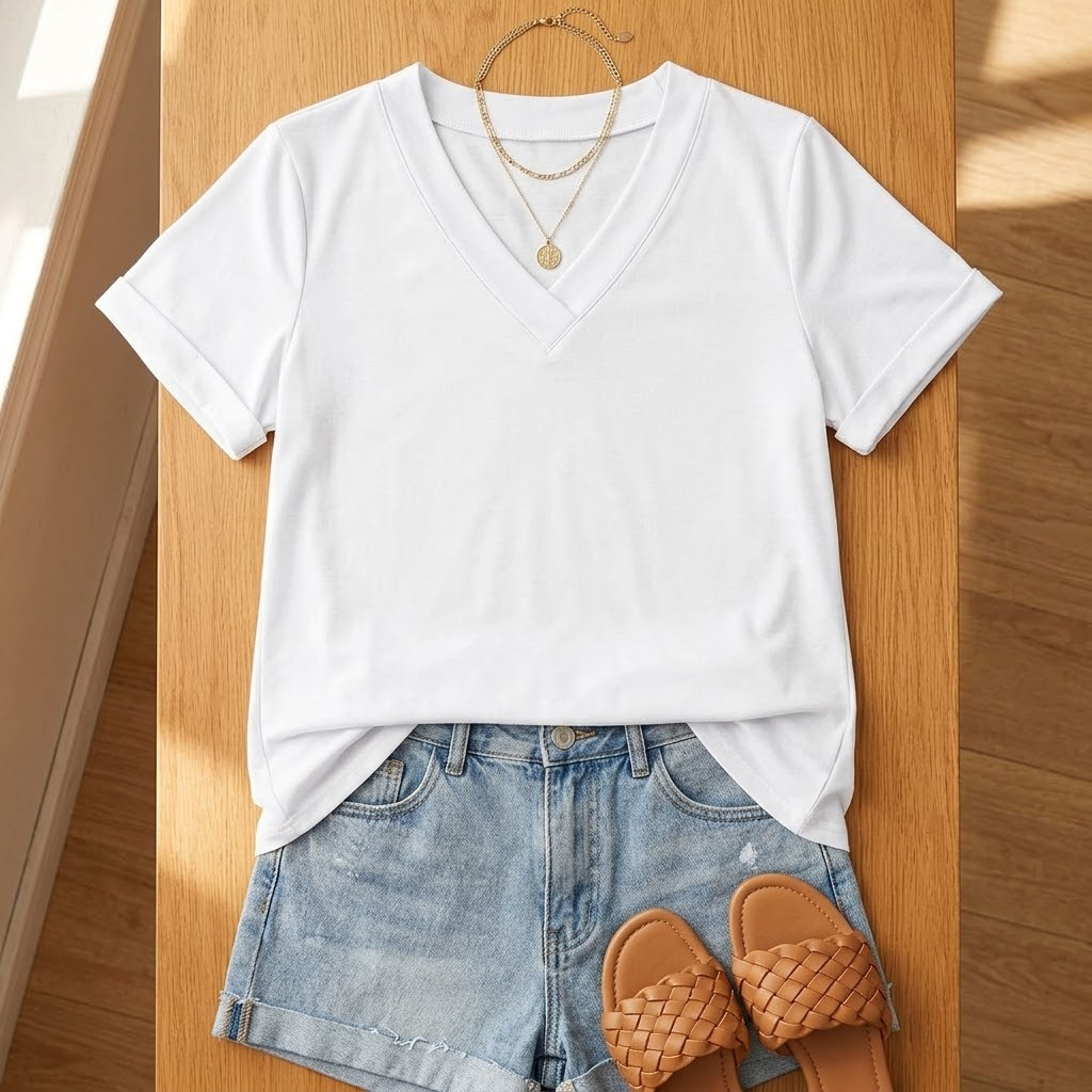 Fashion basics: Women's V-neck short sleeve top with stylish rolled cuffs.