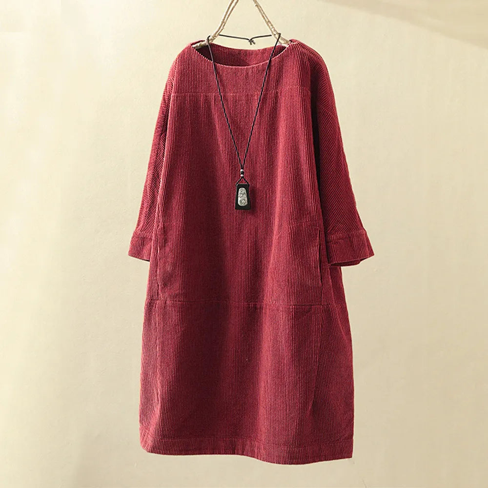 Loose fit women's casual corduroy dress, perfect midi for fall fashion or a comfortable spring outfit.