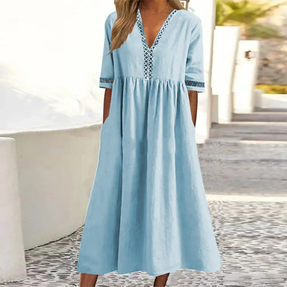 Solid color plus size midi dress for women. Casual elegance, comfortable loose fit, perfect for summer events.