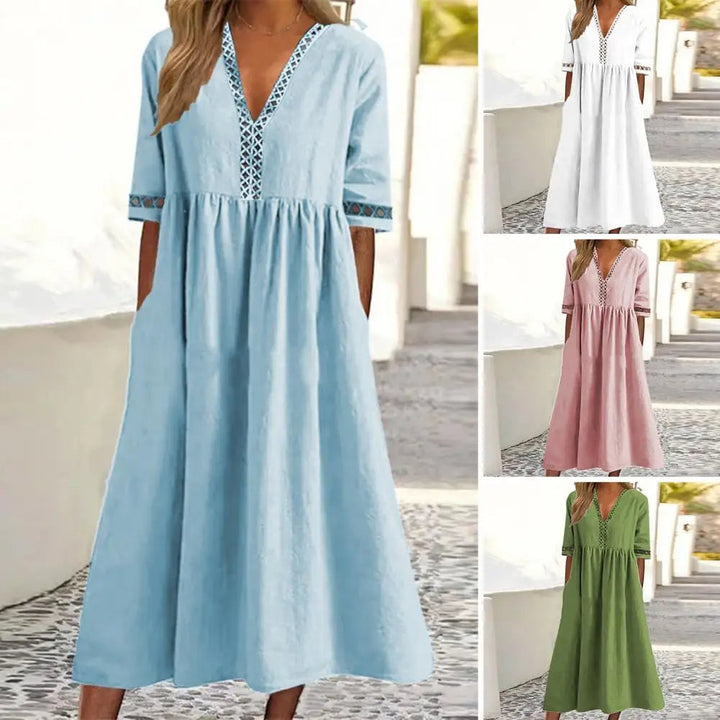 Plus size women's midi dress, perfect for casual summer elegance. Loose fit, comfortable short sleeve design.
