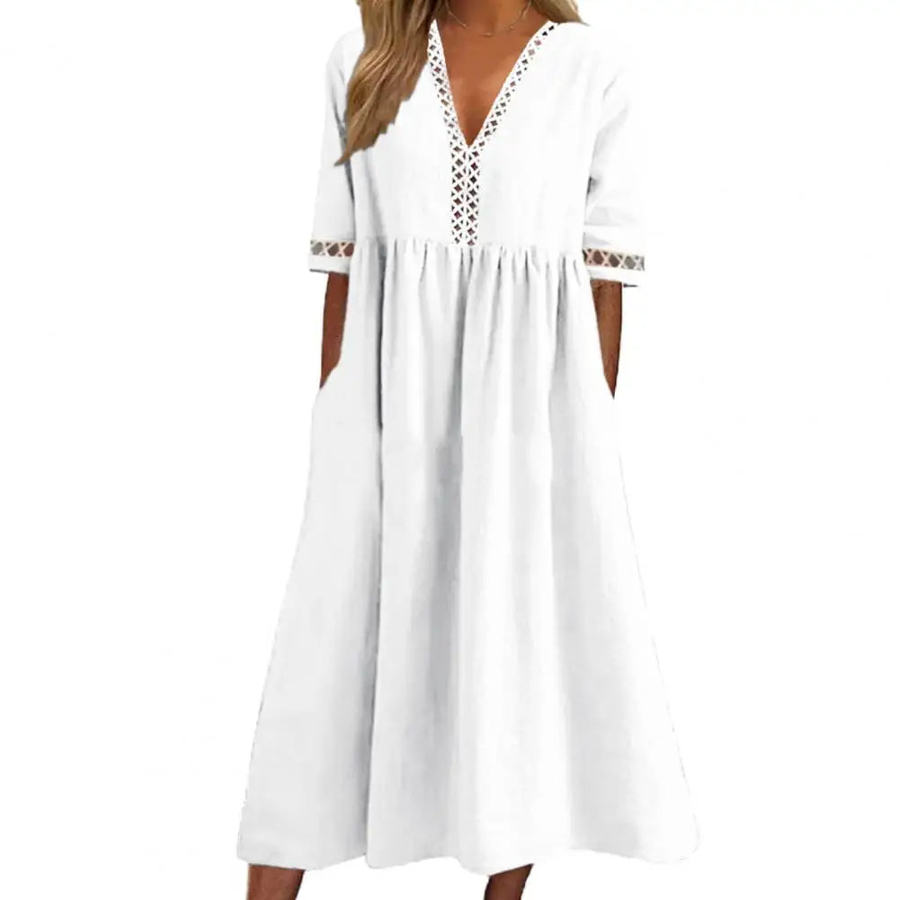 Short sleeve plus size midi dress for women. Comfortable, elegant, and loose fit, ideal for casual summer wear.
