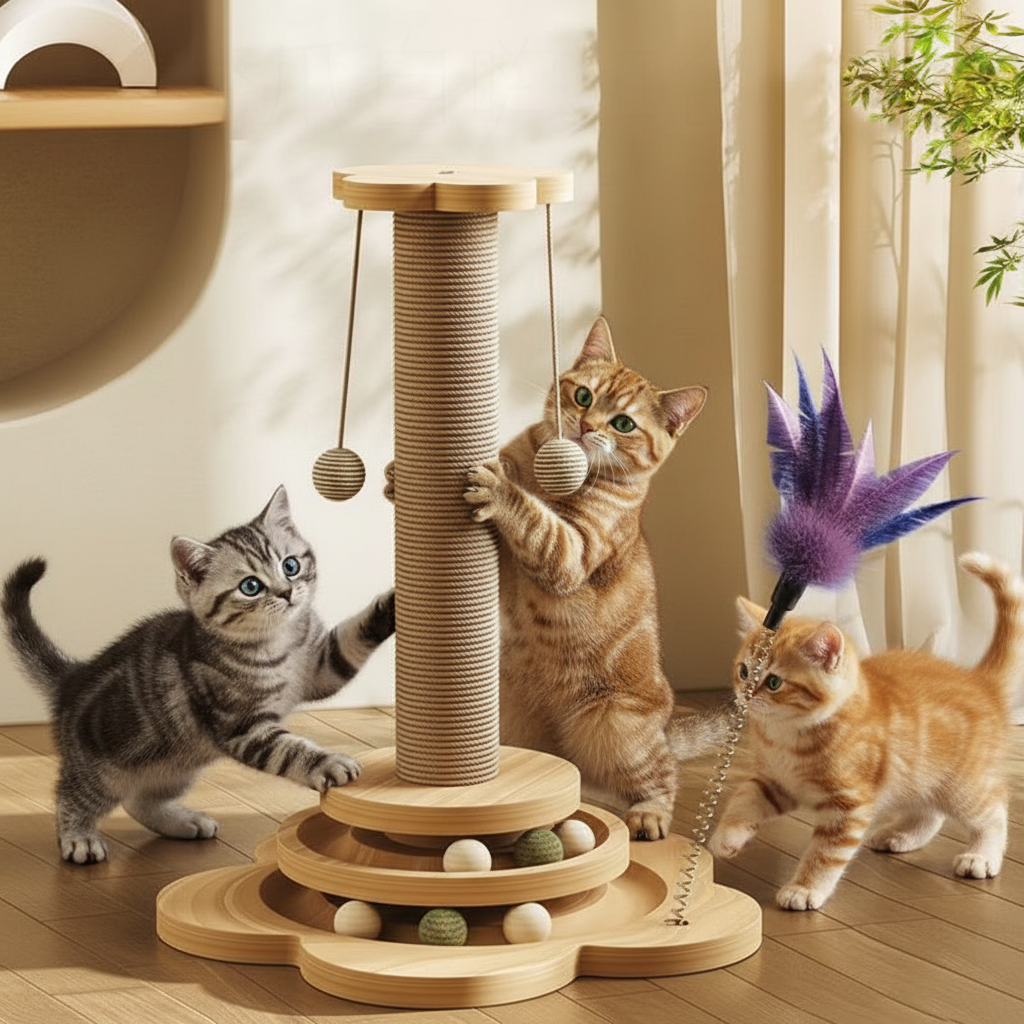 Interactive cat scratching post & activity center with sisal rope, plush levels, and dangling toys.