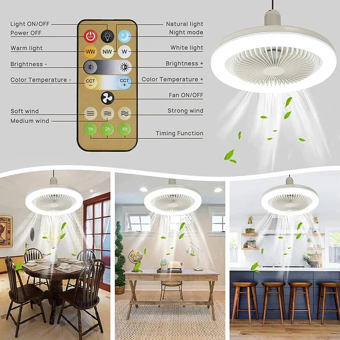 Energy-efficient compact ceiling fan with dimmable integrated LED light, ideal for smart home lighting.