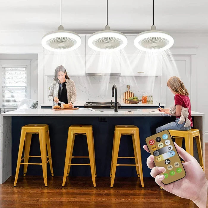 Space-saving compact ceiling fan with integrated LED light, great for bedrooms or small living areas.
