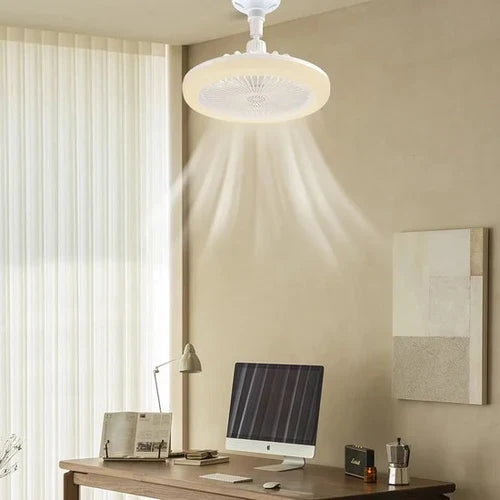 Modern compact ceiling fan with remote control & integrated LED light, providing cooling & ambiance.