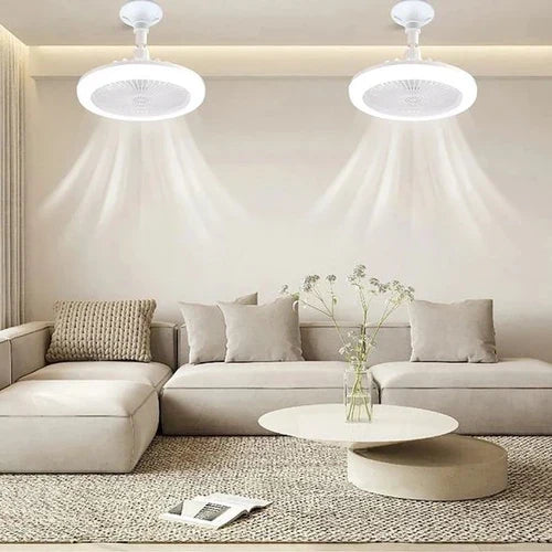 Sleek white compact ceiling fan with integrated LED light, offering efficient cooling and ambient lighting.