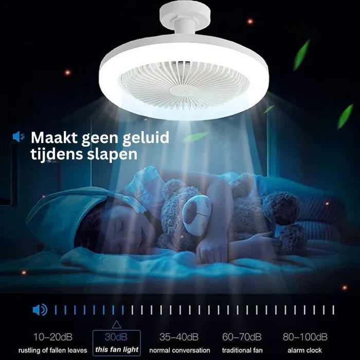 Quiet compact ceiling fan with integrated LED light, ensuring comfortable cooling and illumination.