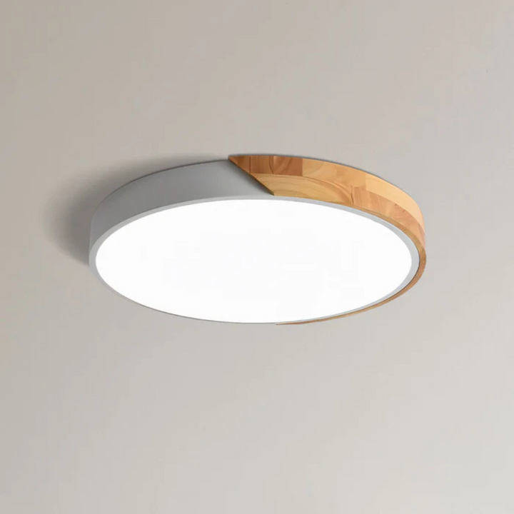 Dimmable LED ceiling light with Scandinavian wood and acrylic design for modern home decor.