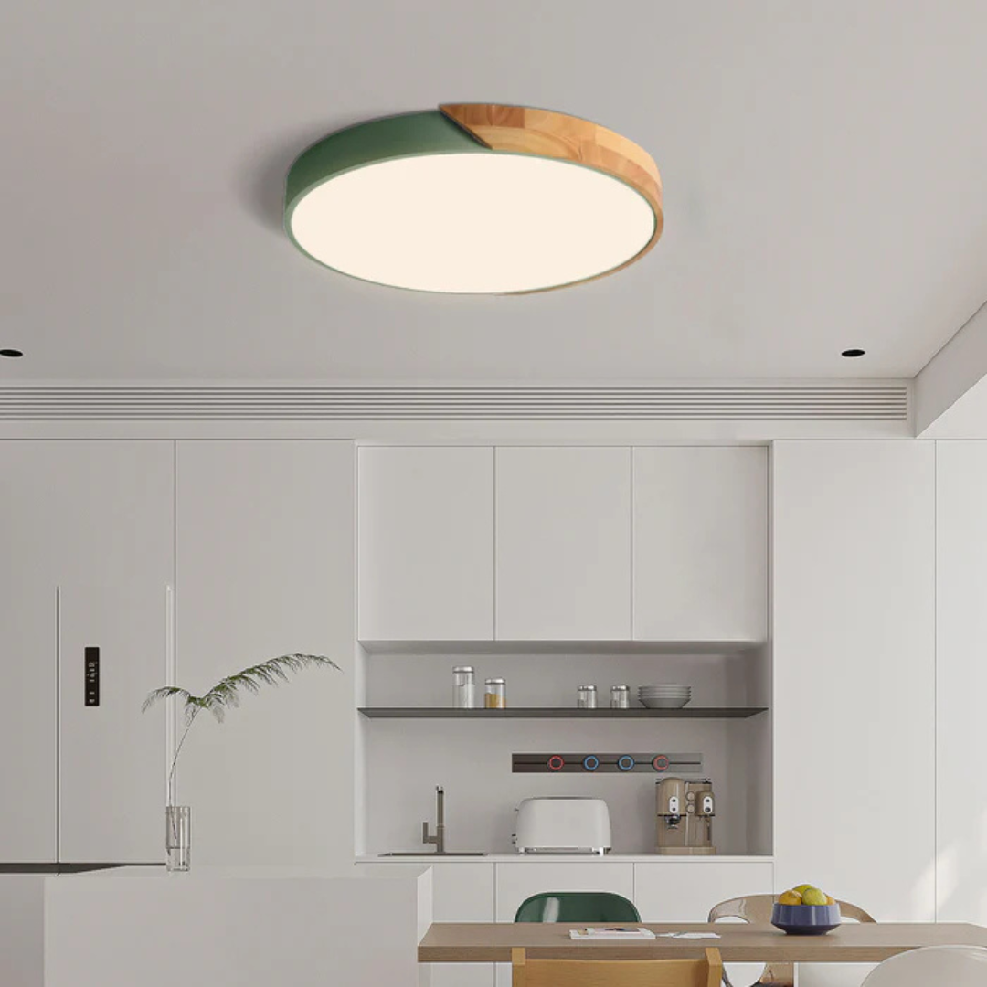Minimalist wood & acrylic LED ceiling light. Dimmable Scandinavian design, ideal for modern homes.