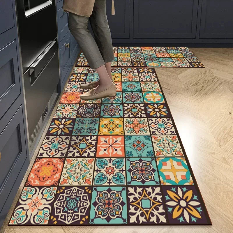 Modern geometric patterned kitchen rug, non-slip and washable. Perfect floor mat for contemporary kitchen decor.