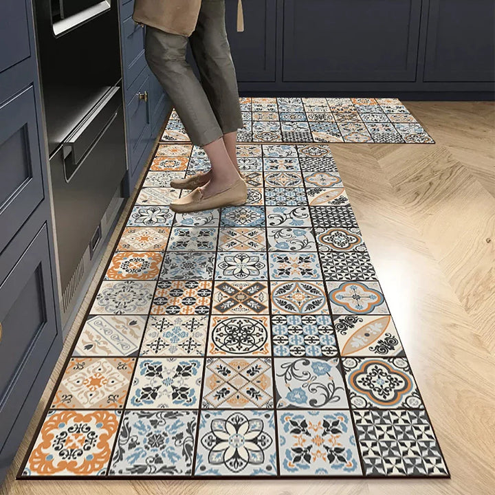Comfortable geometric kitchen rug, soft and non-slip. Washable floor mat enhancing any kitchen's home decor.