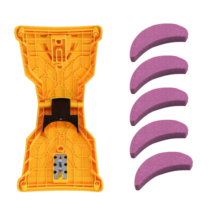 Adjustable guide clamp chainsaw sharpener for accurate, user-friendly sharpening of power tool blades.