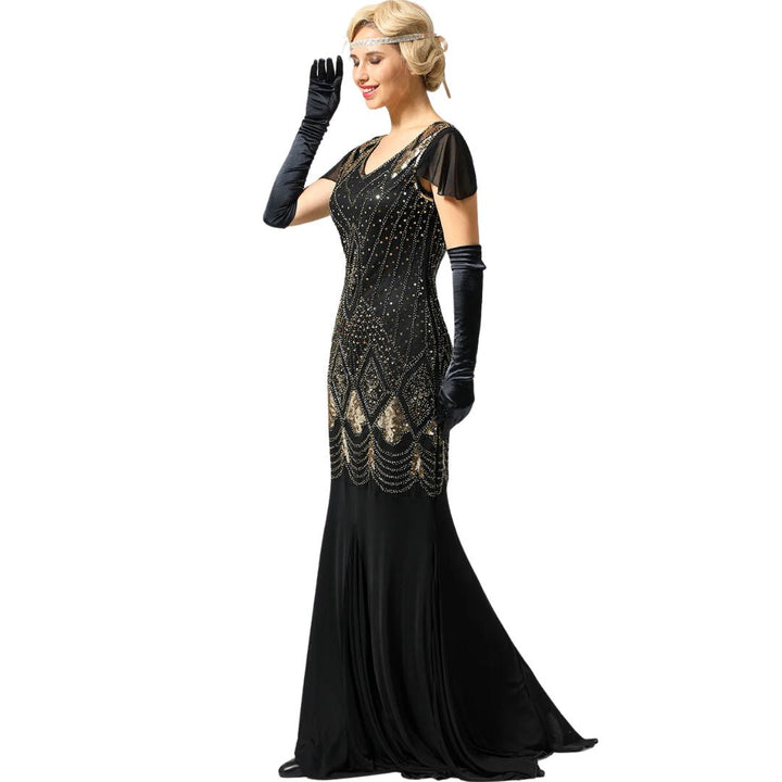 Art Deco inspired long sequin flapper dress, a glamorous women's evening gown perfect for formal 1920s events.