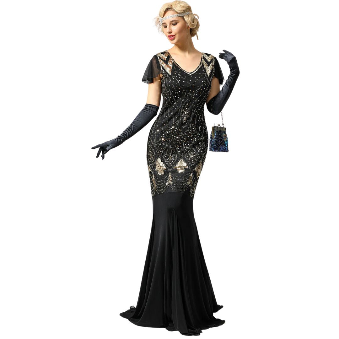Long Charice 1920s flapper dress for women, adorned with shimmering sequins, perfect for themed parties.