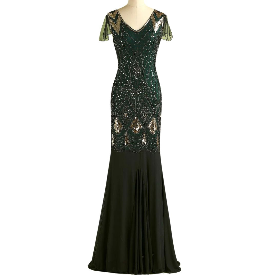 Glamorous sequin long flapper dress, vintage 1920s style for women, ideal as an evening gown or party dress.