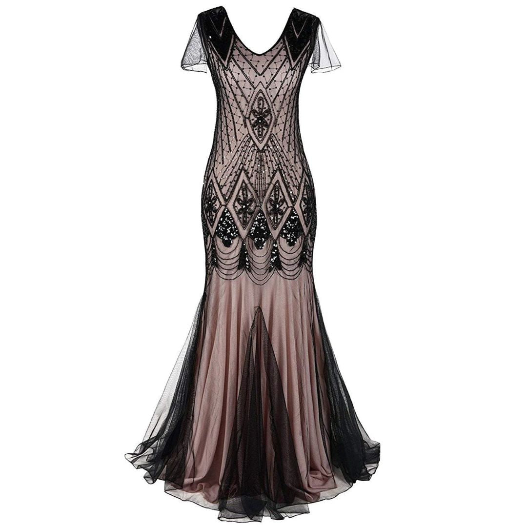 Elegant women's Charice flapper dress with intricate sequin detailing, embodying classic 1920s fashion.