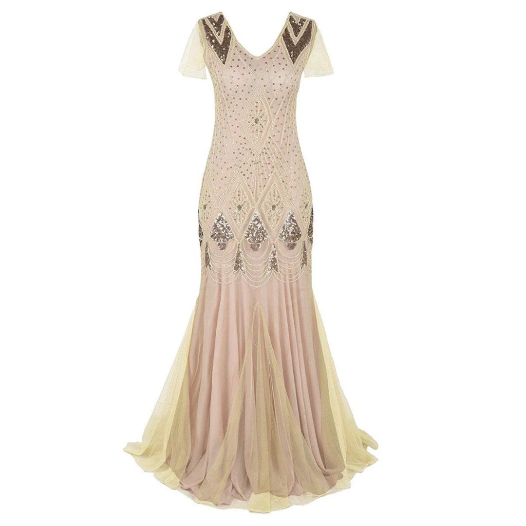 Floor-length women's flapper dress, fully embellished with sparkling sequins, capturing Art Deco 1920s style.