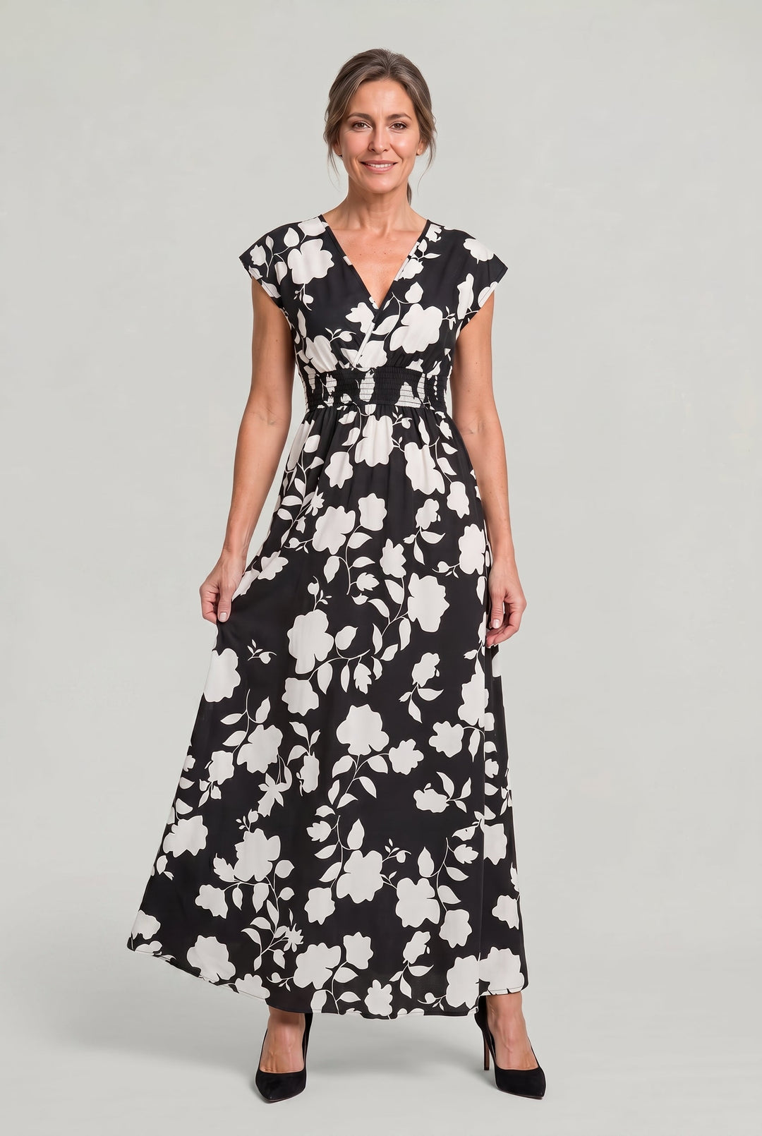 Elegant women's floral V-neck maxi dress, perfect for summer parties, race days & wedding guests. Comfortable A-line.