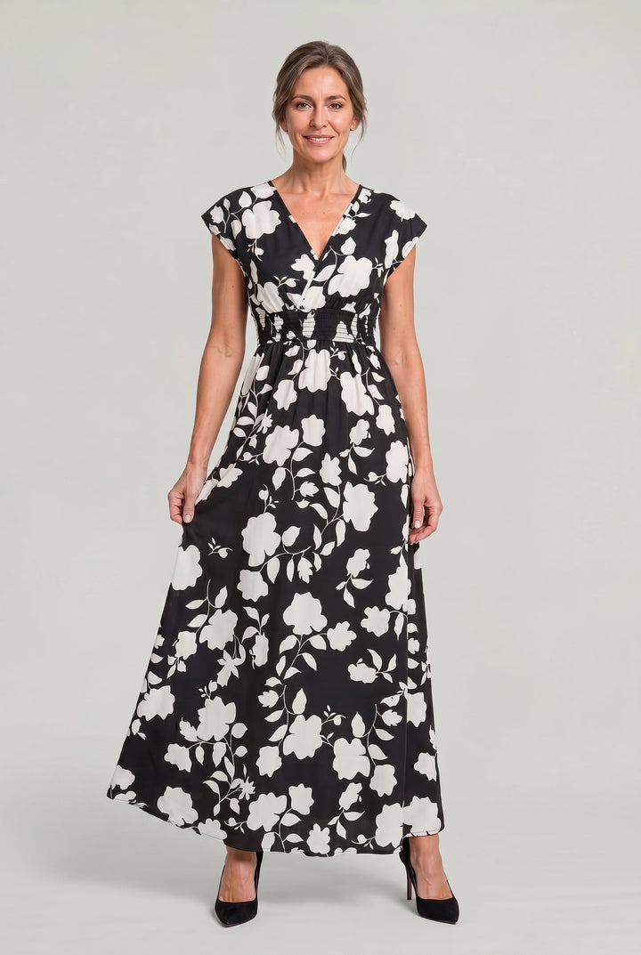 Elegant women's floral V-neck maxi dress, perfect for summer parties, race days & wedding guests. Comfortable A-line.