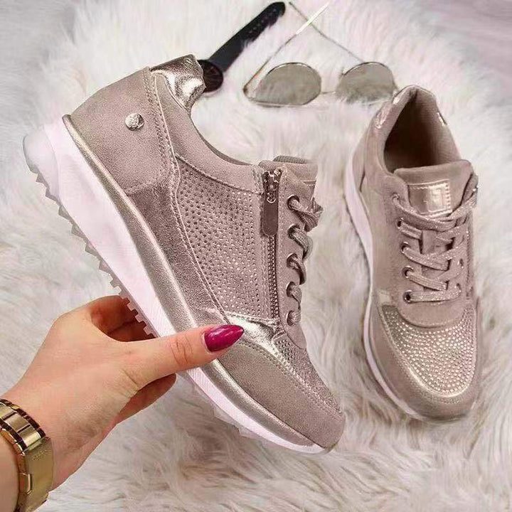Women's sparkle rhinestone trainers with zip & lace-up closure. Stylish, comfortable everyday casual shoes.